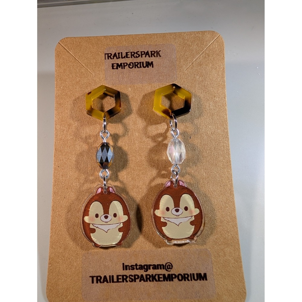 Handmade Disney Chip n Dale Acrylic Dangle Earrings Tortoiseshell Nickel Free